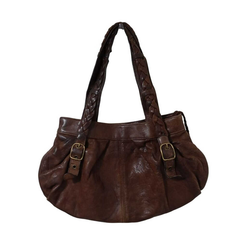 Pietro Alessandro Brown Leather Shoulder Bag Braided Straps & Buckle Accents